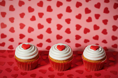 Three white frosted cupcakes with red heart toppers sit on a red surface against a pink background...