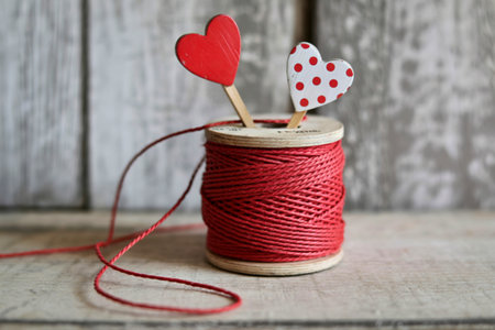 A vintage wooden spool of red twine holds two decorative hearts, one red and one pink with white polka dots, against a weathered wooden background.の写真素材
