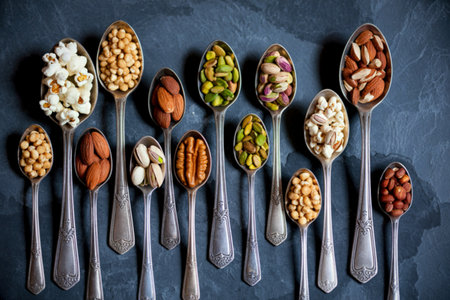 A collection of various nuts and seeds displayed on antique metal spoons against a dark, textured background.の写真素材