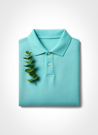 A neatly folded light blue polo shirt with a small green leaf resting on the collar and chest. Isolated on a white background.の写真素材