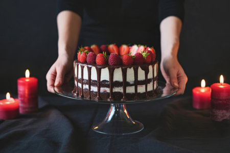 A person presents a beautifully decorated chocolate cake topped with fresh strawberries and drizzled...