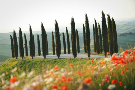 A picturesque scene of tall cypress trees bordering a road, with vibrant wildflowers in the foreground and rolling hills in the background.の写真素材