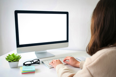 A woman is working at her desk, typing on a keyboard in front of a computer with a blank white screen. A small plant and glasses are on the desk.の写真素材