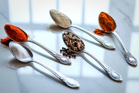 Five ornate silver spoons are filled with different spices and grains, artfully arranged on a light...
