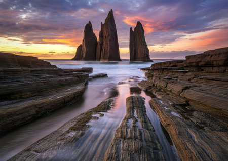 Jagged sea stacks rise from the ocean under a vibrant sunrise sky, with rocky foreground leading to the water.の写真素材