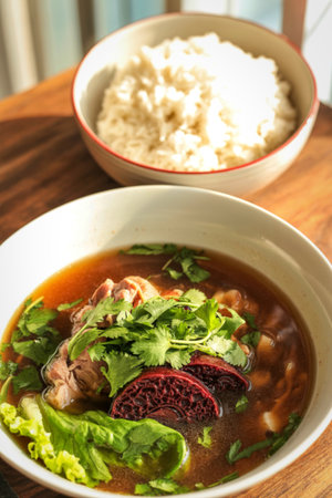 A steaming bowl of rich beef noodle soup, topped with fresh greens and chili, served alongside...