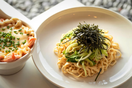 A refreshing cold noodle salad with shredded vegetables and a savory topping.