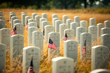 A solemn scene of a military cemetery with countless gravestones, each adorned with a small American flag, honoring fallen soldiers.の写真素材