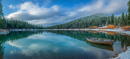 A serene lake reflects a cloudy sky and surrounding evergreen forest, with a small boat resting near the shore.の写真素材