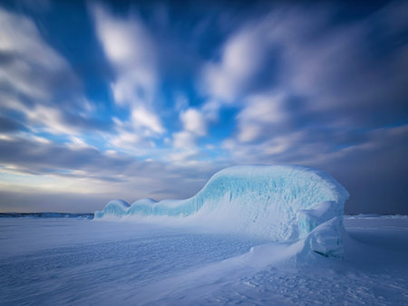 A surreal winter scene featuring a unique ice formation under a sky filled with streaking,...