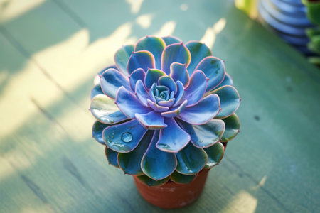 A close-up, top-down view of a stunning blue-green Echeveria succulent with thick, fleshy leaves arranged in a rosette pattern.の写真素材