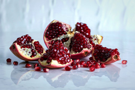 A vibrant, ripe pomegranate is split open, revealing its juicy, jewel-like arils scattered across a smooth, reflective surface.の写真素材