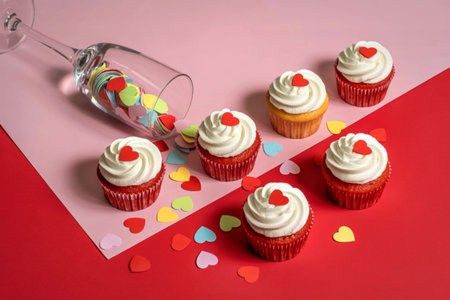 A festive arrangement of frosted cupcakes topped with hearts, scattered confetti, and an overturned champagne glass.の写真素材