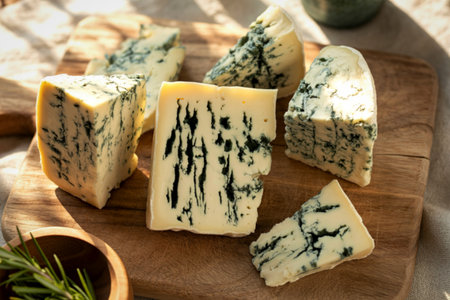 A selection of delicious blue cheese wedges with prominent blue veins, artfully arranged on a textured wooden surface with soft lighting.の写真素材