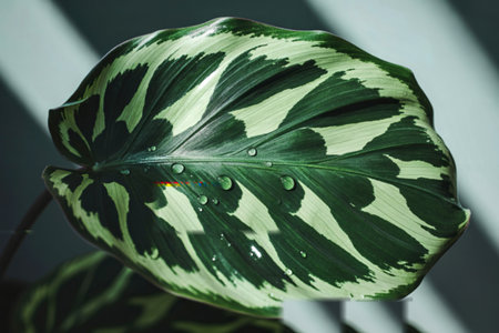 A detailed view of a vibrantly patterned leaf, showcasing its unique markings and texture under...