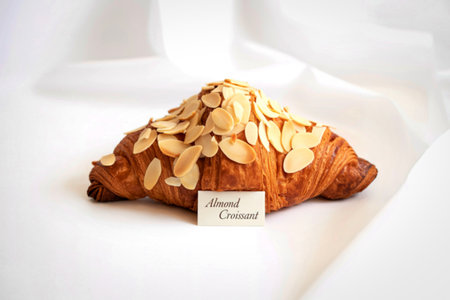 A delicious almond croissant, generously topped with slivered almonds, sits on a white surface with a small decorative card.の写真素材