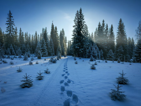 A path of footprints winds through a snow-covered forest. Tall evergreen trees line the trail, with sunlight breaking through the misty sky.の写真素材