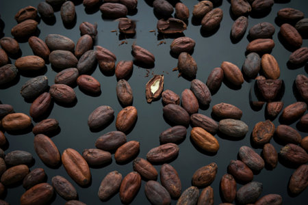 A textured, top-down view of numerous small, dark, oval-shaped fruits, possibly berries or seeds, scattered across a dark background.の写真素材