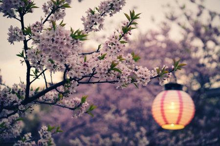 A warm, glowing lantern hangs amongst a canopy of soft pink cherry blossoms, evoking a serene and tranquil atmosphere.の写真素材