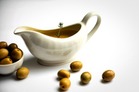A white ceramic gravy boat is filled with golden olive oil, with a bowl of fresh olives and scattered olives nearby.の写真素材