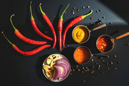 A vibrant arrangement of red chili peppers, various sauces, sliced red onion, and scattered peppercorns on a dark surface.の写真素材