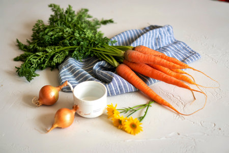 A rustic arrangement of fresh carrots and onions, a small white pitcher, and bright yellow flowers on a light-colored surface.の写真素材