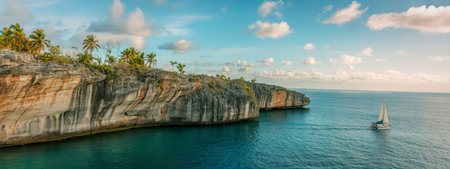 A rugged cliff face meets the calm, clear turquoise sea under a partly cloudy sky, with a distant sailboat.の写真素材