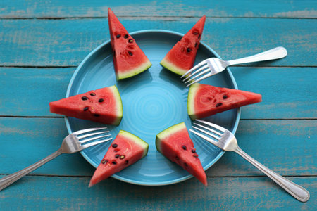 Triangular watermelon slices with seeds are artfully arranged on a blue plate, each with a fork inserted, on a rustic blue wooden surface.の写真素材