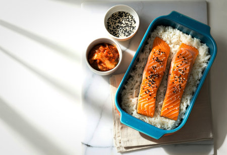 A top-down view of a bento box filled with white rice and two grilled salmon fillets sprinkled with sesame seeds. Two small bowls of toppings are beside it.の写真素材