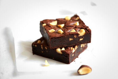 Two rich chocolate brownies topped with chopped hazelnuts are stacked. A single hazelnut rests nearby on a white background.の写真素材