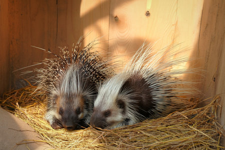 Two young porcupines with quills are resting closely together on a bed of dry straw inside a wooden enclosure.の写真素材