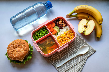 A balanced and nutritious meal with a burger, bento box, banana, and water bottle, perfect for a healthy lunch.の写真素材