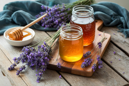Two jars of golden honey and a small bowl of honey with a dipper are arranged with fresh lavender sprigs on a rustic wooden surface.の写真素材