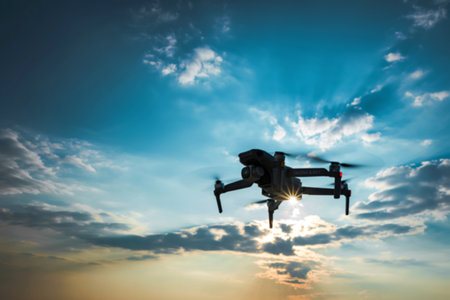 A drone is captured in flight against a vibrant sunset sky, illuminated by the sun breaking through dramatic clouds.の写真素材