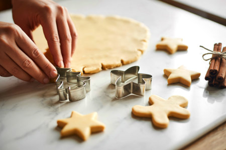 A person is using cookie cutters to shape dough into festive holiday cookies. Several cutouts are...