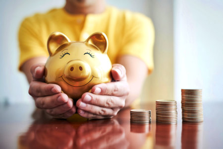A person in a yellow shirt gently holds a golden piggy bank. Three stacks of coins are visible on the table.の写真素材
