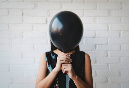 A person stands against a white brick wall, holding a black balloon that obscures their face, with hands clasped.の写真素材