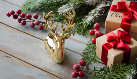 A festive arrangement featuring a golden reindeer head, wrapped gifts with red bows, and a frosted pine garland on a rustic wooden surface.の写真素材