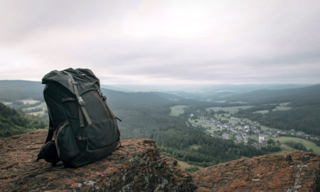 A hiking backpack sits on a rugged cliff edge, with a vast, hazy valley spread out below under a...
