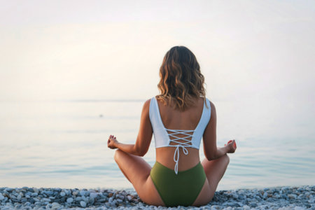 A woman in a bikini meditates in a lotus pose on a pebble beach, facing the calm ocean at dawn.の写真素材