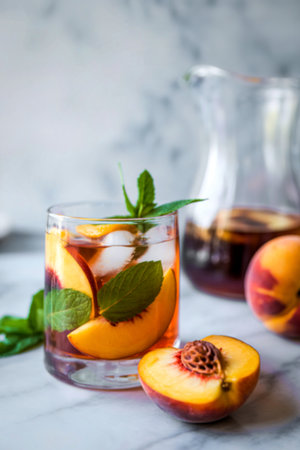 A glass of iced tea with peach slices and mint, next to a pitcher and fresh peaches on a marble surface.の写真素材
