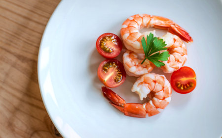 A close-up overhead view of cooked shrimp and halved cherry tomatoes garnished with fresh parsley on a white plate.の写真素材