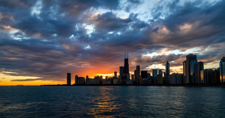 A vibrant sunset paints the sky with fiery colors behind the silhouetted Chicago skyline, its reflection shimmering on the dark waters of Lake Michigan.の写真素材