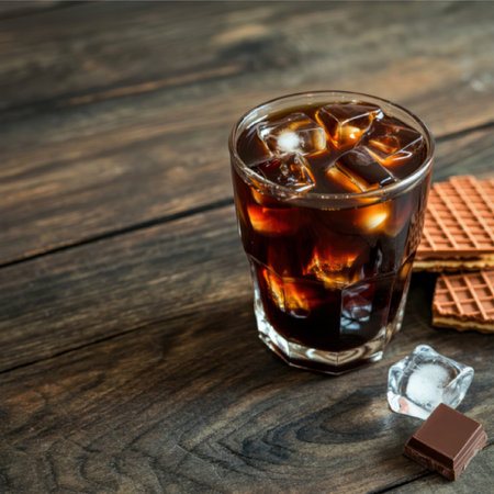 A glass of iced coffee with ice cubes and a slice of lemon sits on a wooden table, accompanied by a...