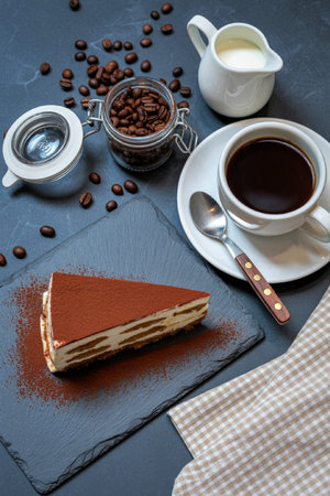 A slice of tiramisu on a slate plate, accompanied by a cup of coffee, a creamer, a jar of coffee...