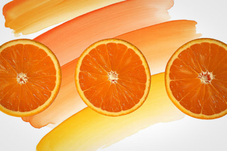 A close-up image of three vibrant orange slices arranged in a row against a bright yellow...