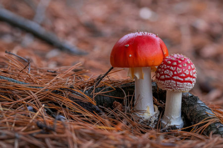 A close-up image of two vibrant red and white mushrooms growing in a forest setting, surrounded by pine needles and forest debris.の写真素材