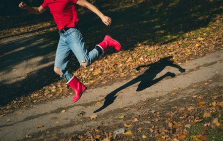 A person wearing a red shirt and blue jeans is captured mid-jump in a park during autumn. The ground...