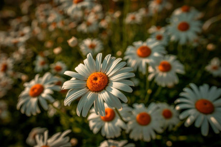 A vibrant close-up of white daisies with yellow centers, set against a lush green background. The...
