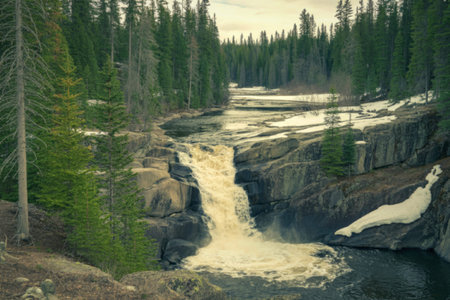 A serene waterfall cascades through a lush, forested area during winter. The scene is surrounded by...